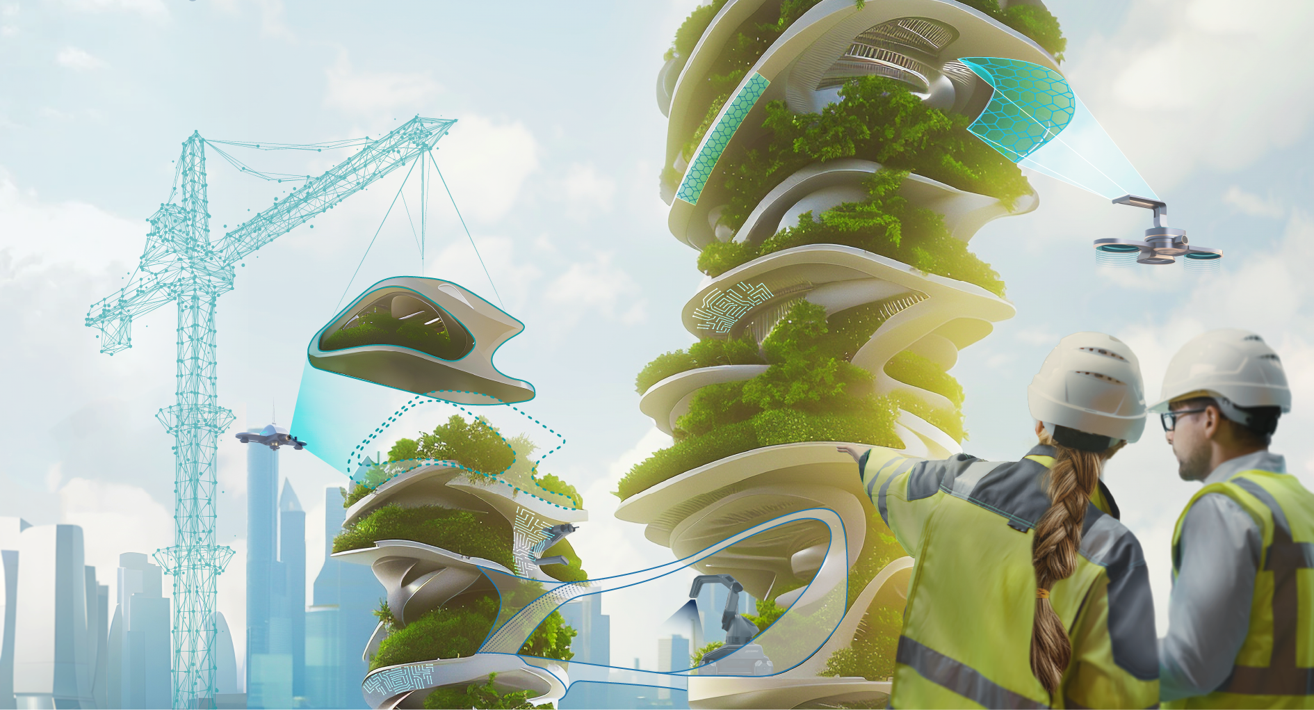 A female and a male construction worker observe a futuristic building site: drones scan building surfaces and control transport machines, while robots apply innovative materials. The buildings have free-form shapes with greened floors, a projection shows the construction progress, and the silhouette of a large city is visible in the background.