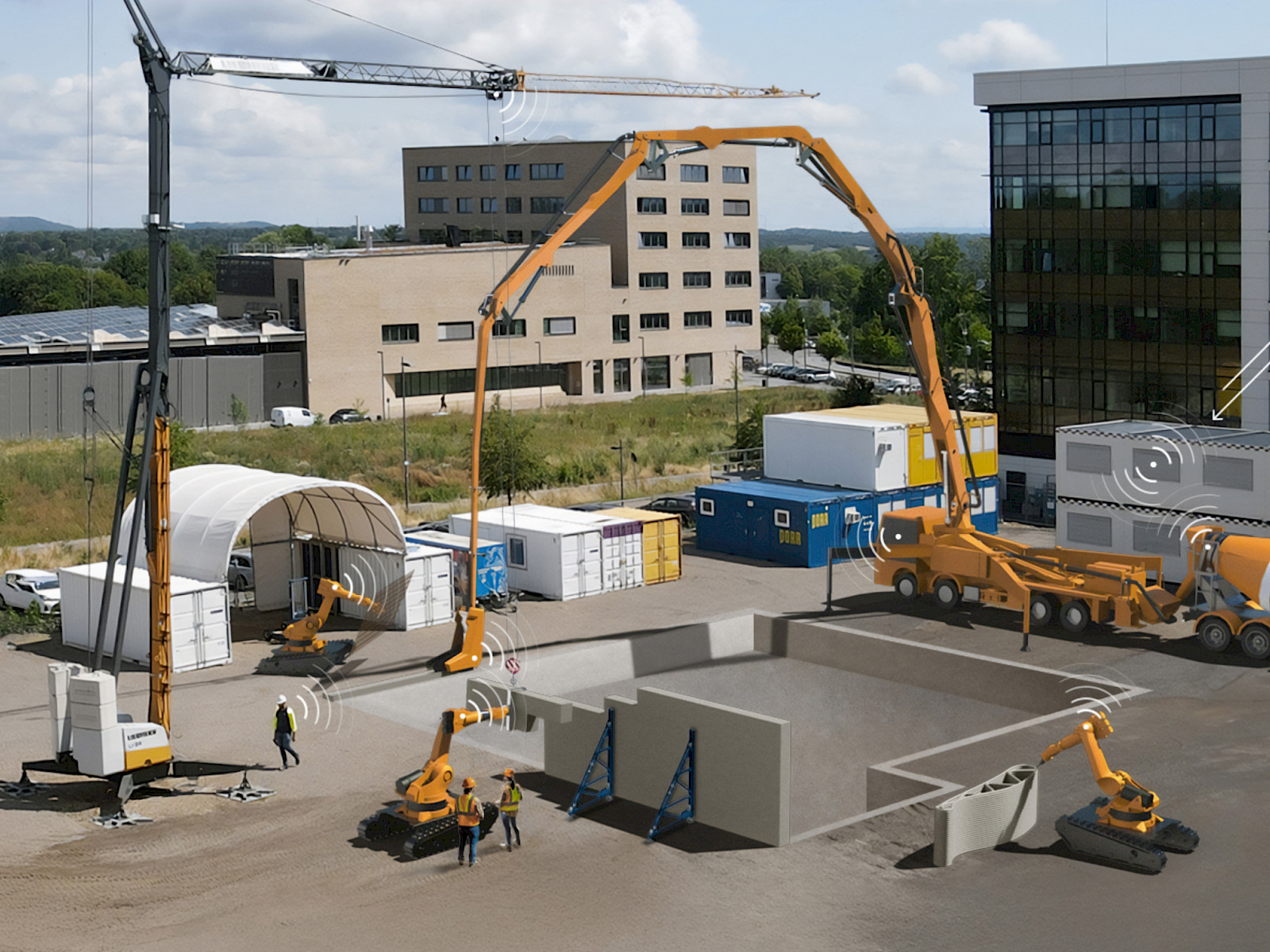 © neongrau A construction site with numerous construction machines such as cranes, concrete mixers, and robots, all digitally connected and communicating with each other.