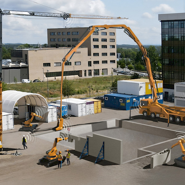 A construction site with numerous construction machines such as cranes, concrete mixers, and robots, all digitally connected and communicating with each other.