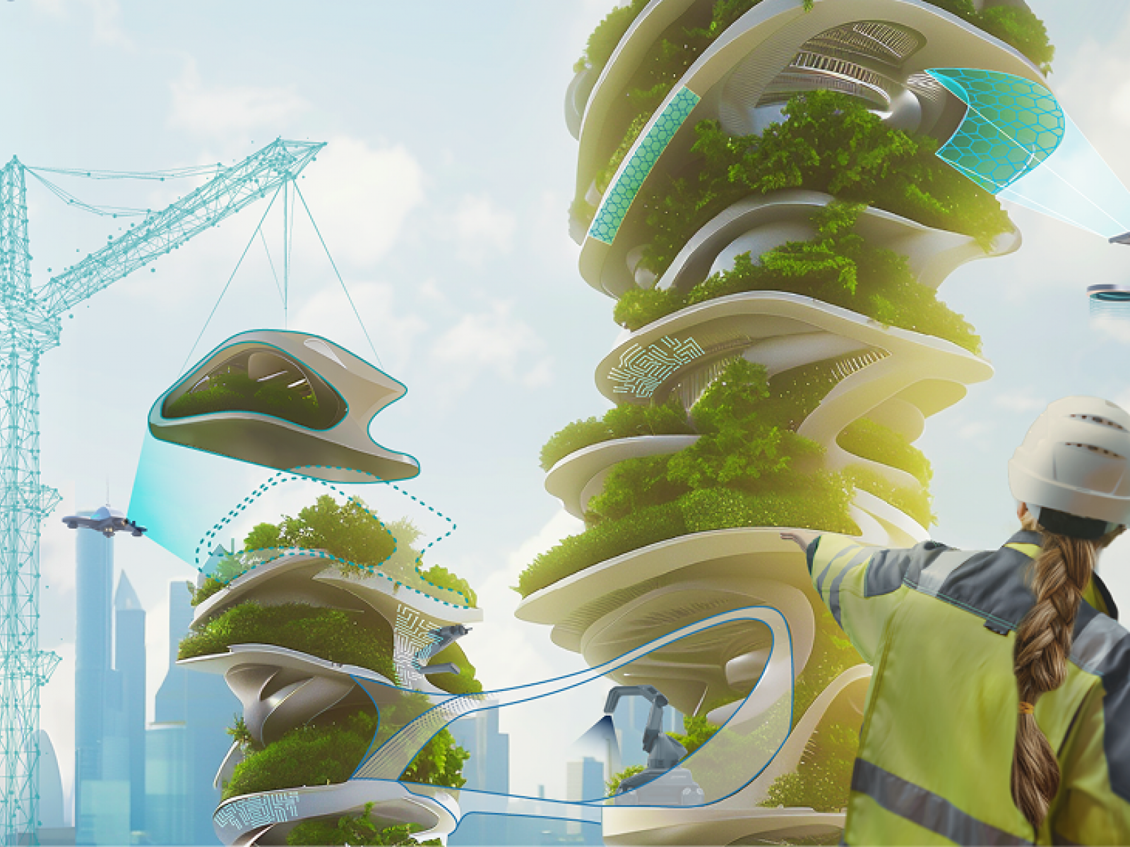 A female and a male construction worker observe a futuristic building site: drones scan building surfaces and control transport machines, while robots apply innovative materials. The buildings have free-form shapes with greened floors, a projection shows the construction progress, and the silhouette of a large city is visible in the background.