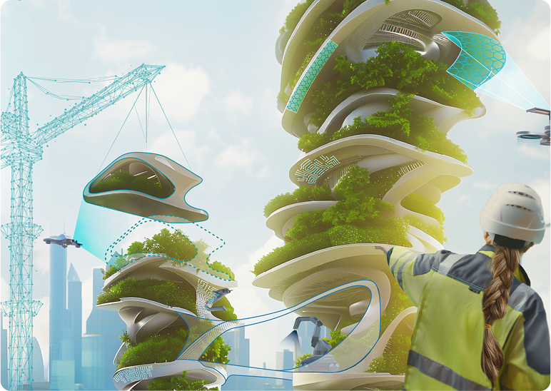 © T. Söker A female and a male construction worker observe a futuristic building site: drones scan building surfaces and control transport machines, while robots apply innovative materials. The buildings have free-form shapes with greened floors, a projection shows the construction progress, and the silhouette of a large city is visible in the background.