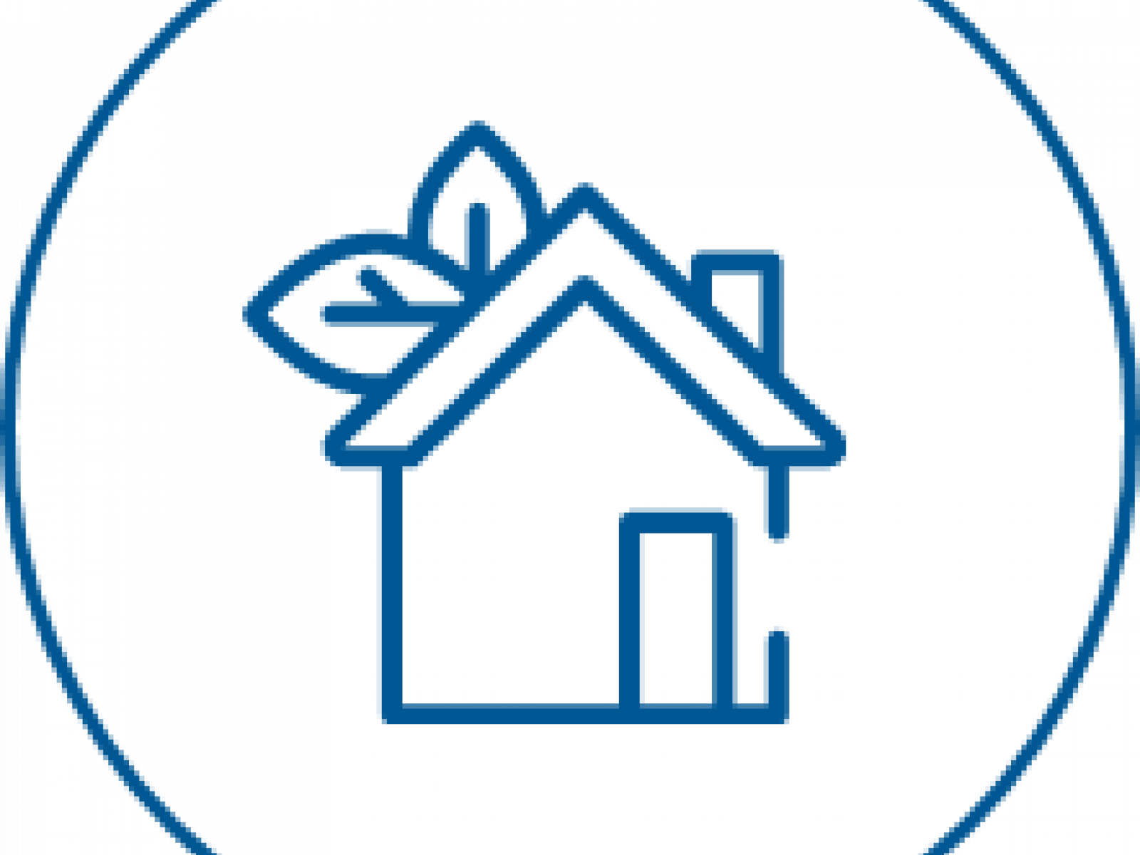 A drawing of a house with leaves on the right side of the roof