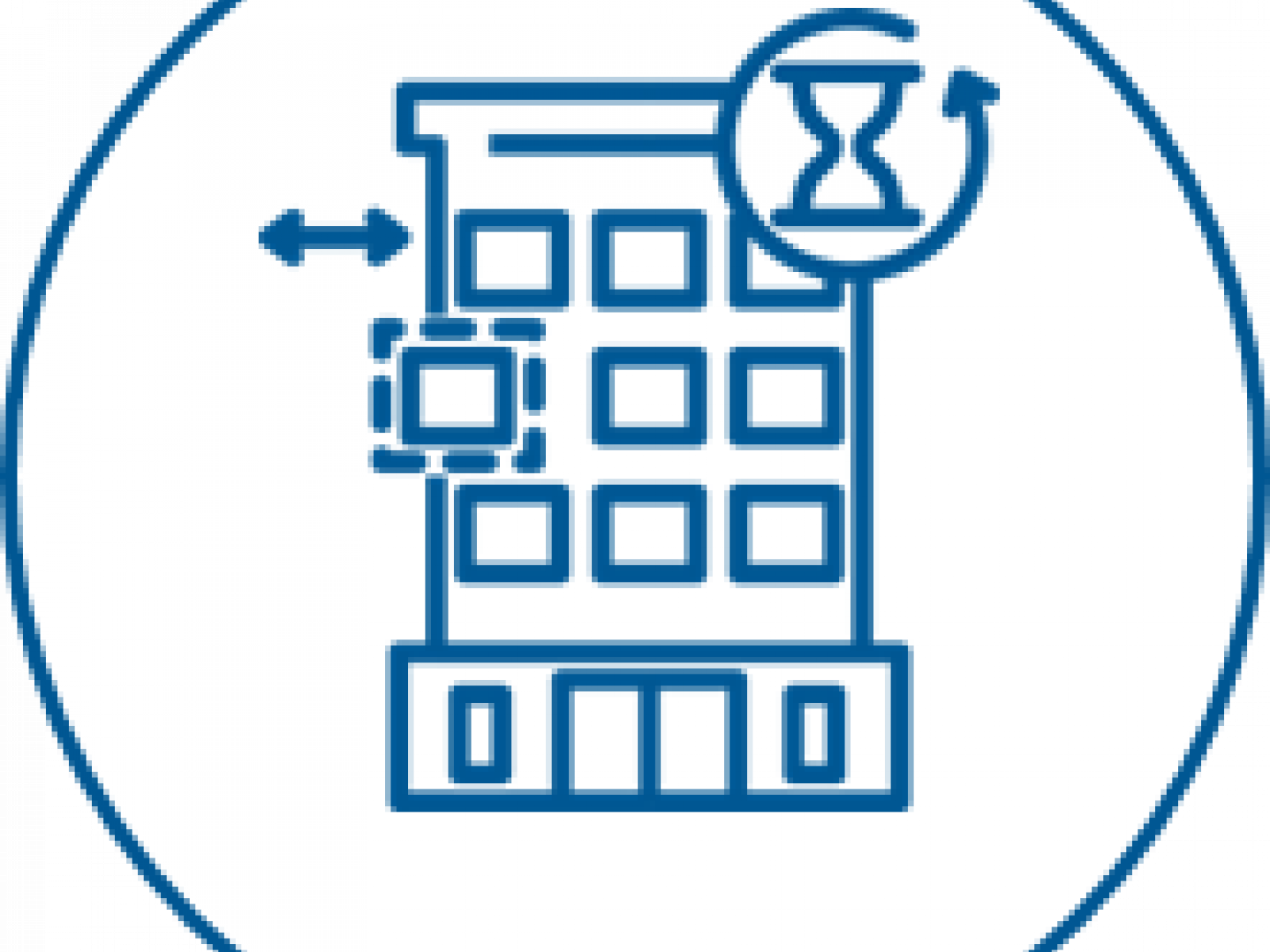 Drawing of a building with an hourglass in the top right corner in the foreground and an removeable modular element