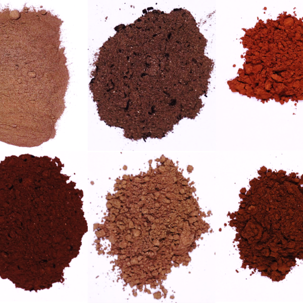Six piles of different types of lignite fly ash, seen from a bird’s-eye view